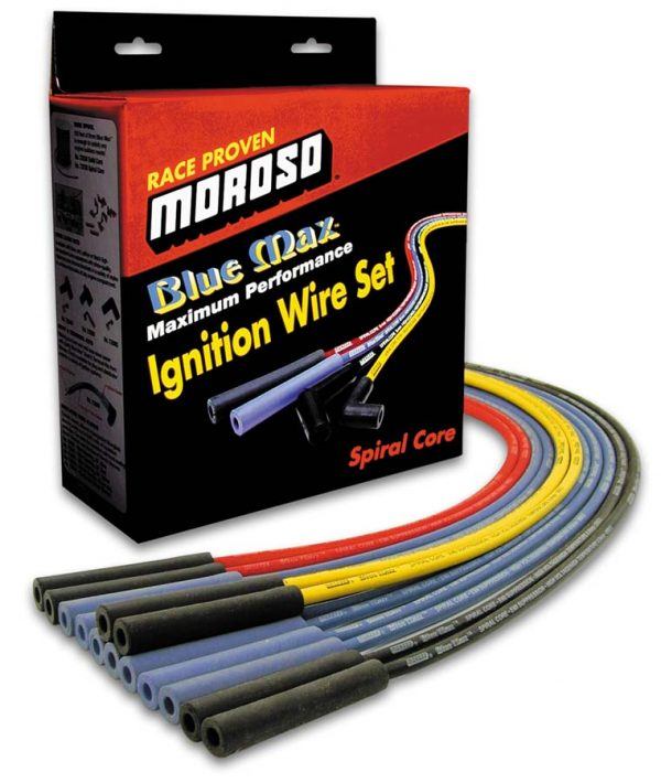 Moroso 72407 Blue Max 8mm Spiral Core Sleeved Race Plug Wire Set SBC Under Header 90° Boots