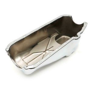 1955-79 SBC Small Block Chevy Chrome Steel 4 Qt Oil Pan 2 Pc. RM LH Dipstick KPP7442