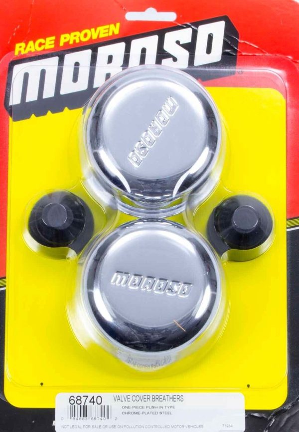 Moroso 68740 Valve Cover Breather Round Push-In Steel Chrome Pair w/Moroso Logo