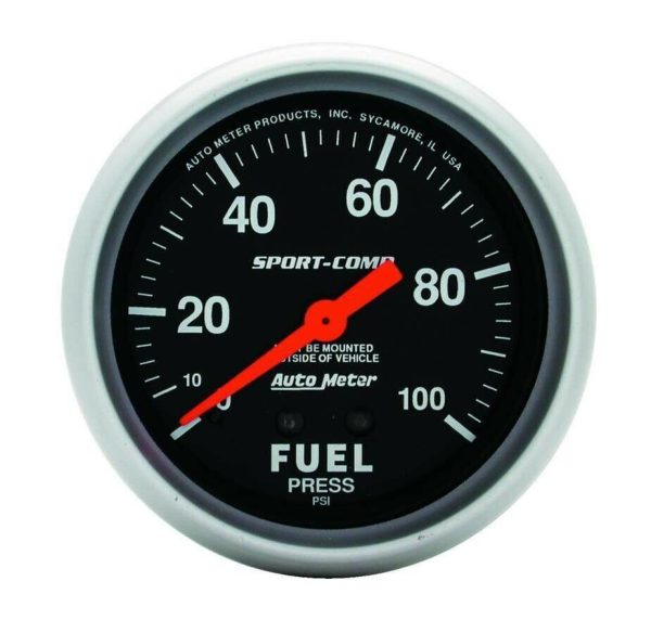 AutoMeter 3412 Sport-Comp 2-5/8" Mech Fuel Pressure Gauge 0-100 PSI Illuminated